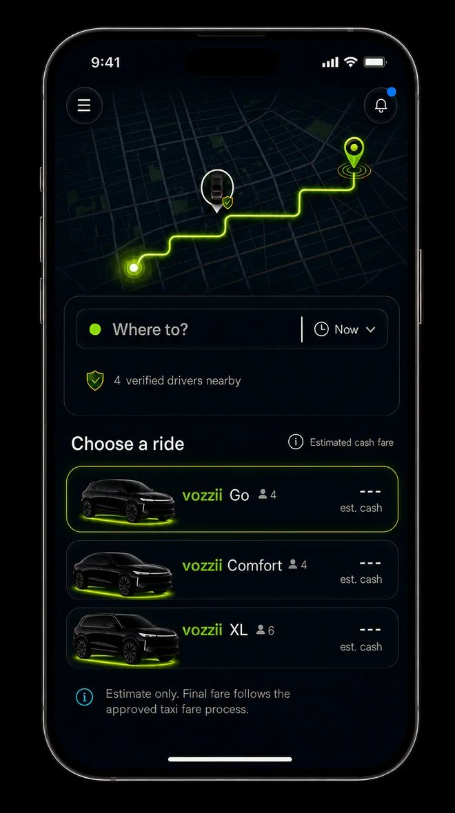 Vozzii.com app screen for choosing a ride, showing ride options and estimated cash fare