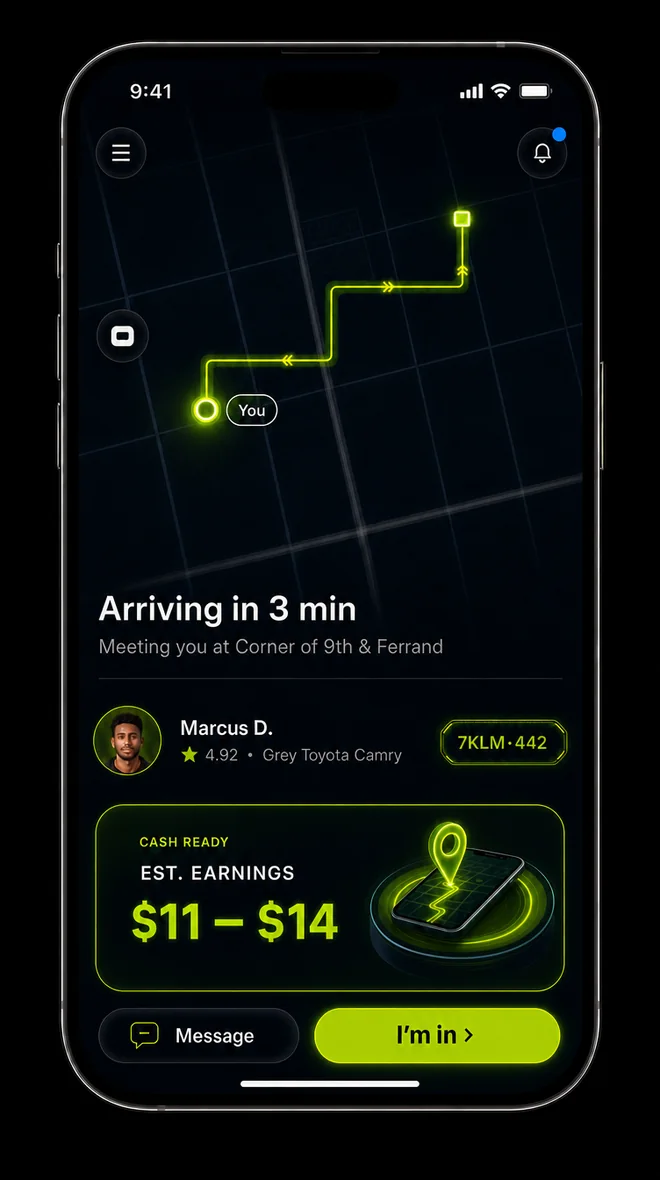 Vozzii.com app screen showing the assigned driver, vehicle and arrival time
