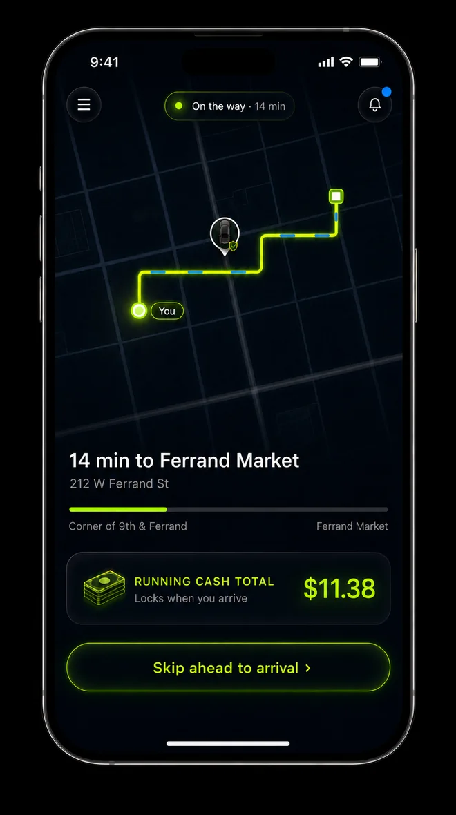 Vozzii.com app screen showing the live route and running cash total during a trip